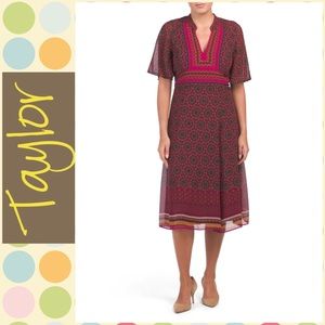 Taylor Cranberry Printed Chiffon Midi Dress 🆕
